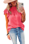 Rosy Crinkled Ruffle Casual Short Sleeve Blouse