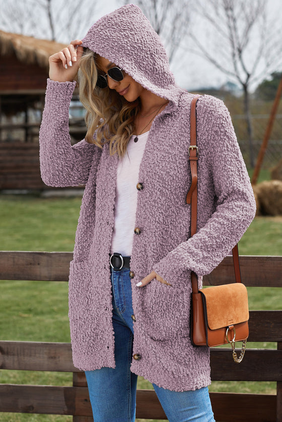 Pink Fuzzy Popcorn Pocket Long Sleeve Knit Cardigan