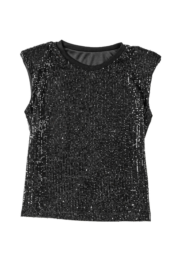 Black Crew Neck Sleeveless Sequin Top