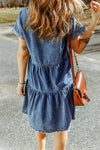 Blue Button Up Short Sleeve Denim Shirt Dress