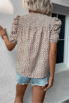 Khaki Leopard Print Smocked Puff Sleeve Blouse