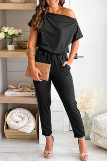  Black Tie Waist Off Shoulder Tapered Jumpsuit