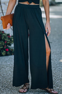  Black Casual Side Slit Mid Waist Wide Leg Pants