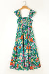 Green Boho Floral Print Ruffle Sleeveless Tiered Maxi Dress