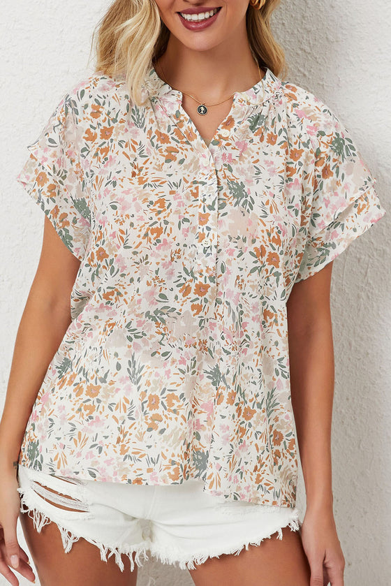 Floral Button Notch Neck Ruffle Sleeve Blouse | Available in 2 Colors