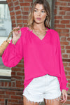 Rose Pleated V Neck Puffy Sleeve Blouse | Available in 2 Colors