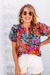 Tropical Floral V Neck Ruffle Blouse