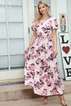 Pink Floral Print Wrap Puff Sleeve Dress