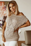 Khaki Pointelle Knit Short Dolman Sleeve Sweater Top