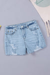 Sky Blue Frayed Slim-fit High Waist Denim Shorts