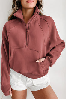  Brown Zip Up Stand Collar Thumbhole Sleeve Sweatshirt | Available in 4 Colors