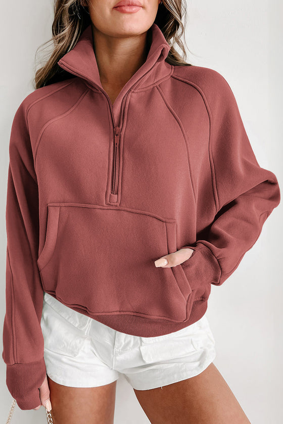 Brown Zip Up Stand Collar Thumbhole Sleeve Sweatshirt | Available in 4 Colors