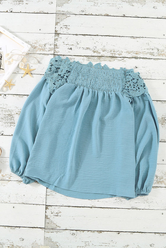 Light Blue Casual Blooming Lace Off The Shoulder Blouse Top