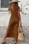 Black Stripe Print Open Back Sleeveless Maxi Dress With Slits