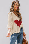 Beige Casual Heart Print Knit Sweater