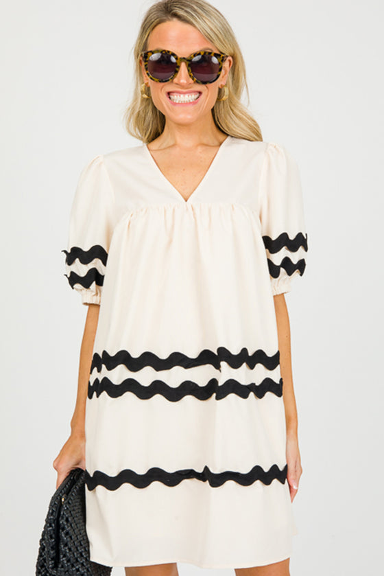 White Short Puff Sleeve Pleated Ric Rac Mini Dress