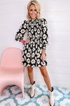 Black Floral Print Smocked Bracelet Sleeve Mini Dress