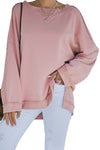 Pink Casual Frayed Trim Side Slit Loose Sweatshirt