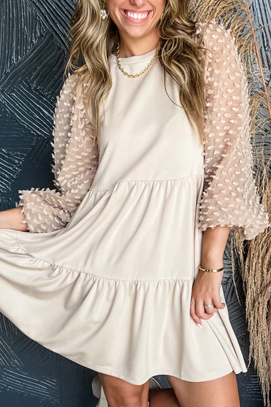 Beige Swiss Dot Lantern Sleeve Mini Tiered Dress