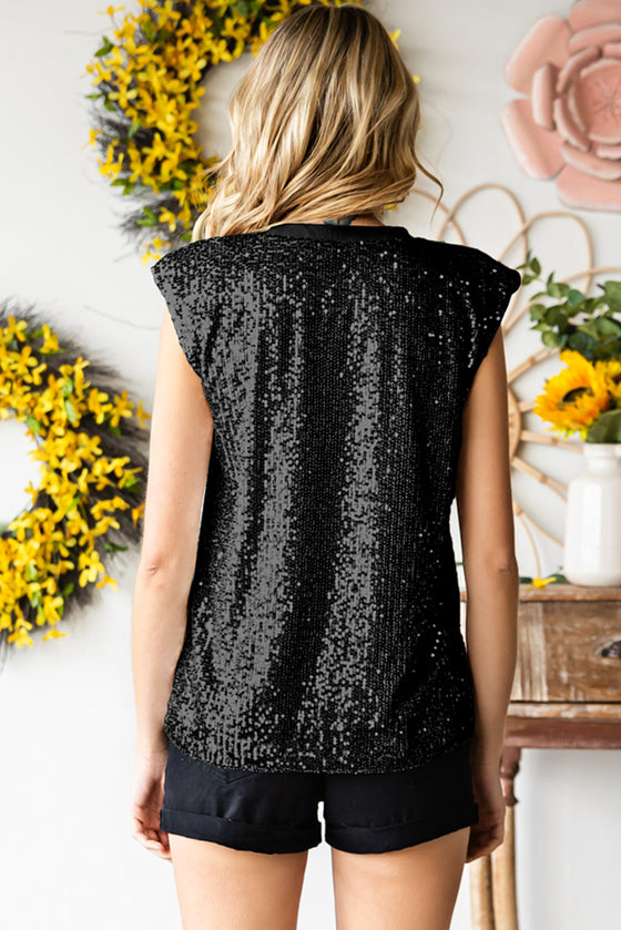 Black Crew Neck Sleeveless Sequin Top