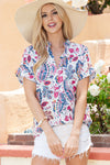 Sky Blue Floral Print Casual V Neck Short Sleeve Blouse