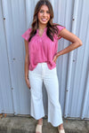 Bright Pink Frill V Neck Splicing Pleated Blouse