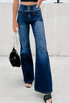 Blue Buttons Elastic Wide Waistband Back Flare Jeans