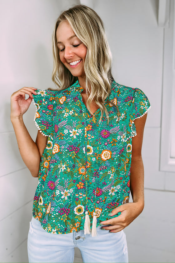 Floral Print Tassel Tie Top | Available in Green