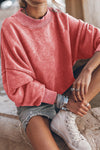 Red Drop Shoulder Crewneck Washed Pullover Sweatshirt