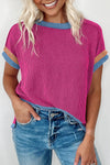 Bright Pink Textured Contrast Color T Shirt | Available in 4 Colors