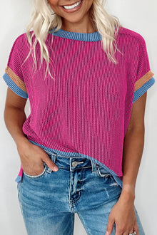  Bright Pink Textured Contrast Color T Shirt | Available in 4 Colors