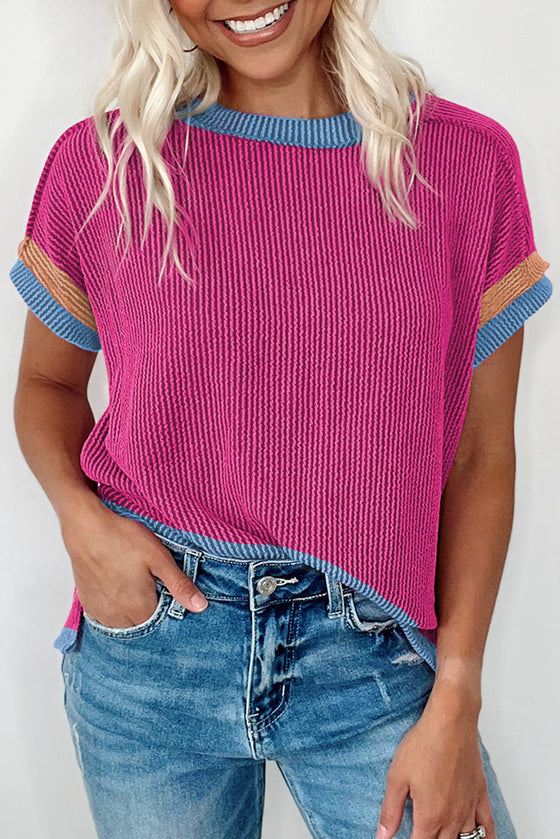 Bright Pink Textured Contrast Color T Shirt | Available in 4 Colors