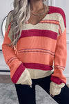 Peach Blossom Striped Pattern Knit V Neck Sweater | Other Colors Available