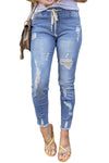 Gray Drawstring Elastic Waist Jeans With Hole