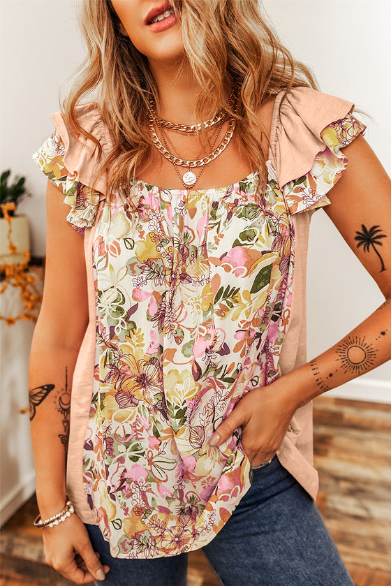 Apricot Pink Floral Print Ruffle Sleeve Blouse | Available in 2 Colors