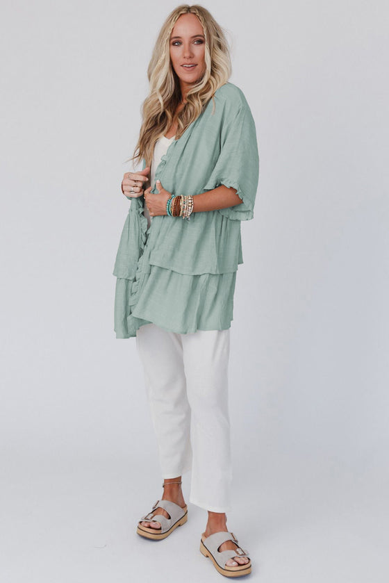 Green Ruffled Trim Short Sleeve Open Front Kimono | Available in Other Colors