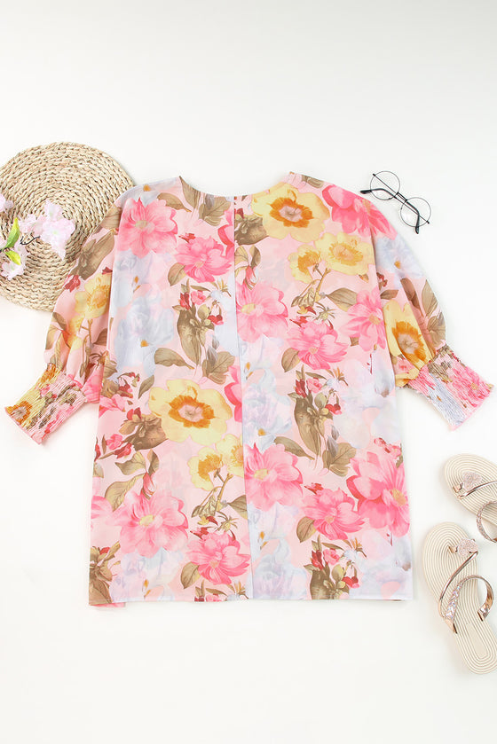 Pink 3/4 Sleeve Loose Fit Floral Blouse