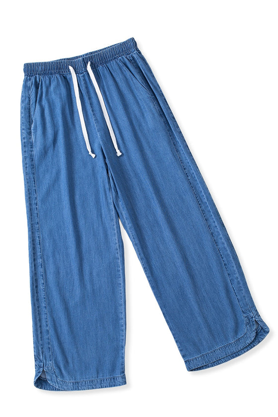 Sky Blue Drawstring Waist Wide Leg Pants