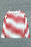 Black and White Striped Snap Button Ruffle Trim Long Sleeve Top