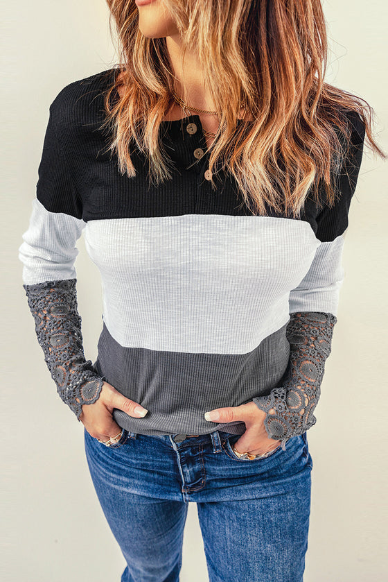 Color Block Ribbed Lace Crochet Sleeves Shirt for Women | Available in 2 Colors