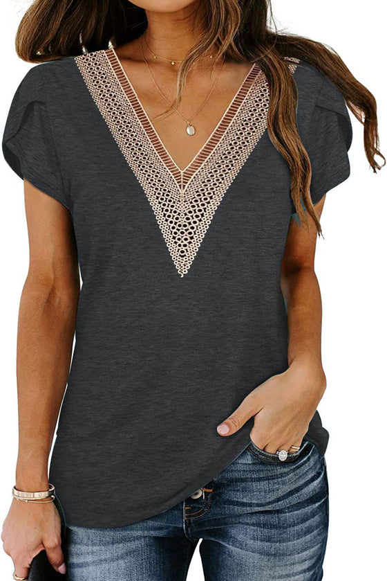 Black Lace Trim V Neck Overlap Short Sleeve T Shirt