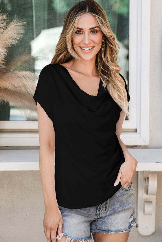 Black Solid Color Cowl Neck Tee