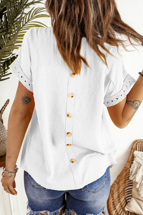 Apricot Swiss Dot Crochet Eyelet Back Button Detail Blouse | Available in 3 Colors