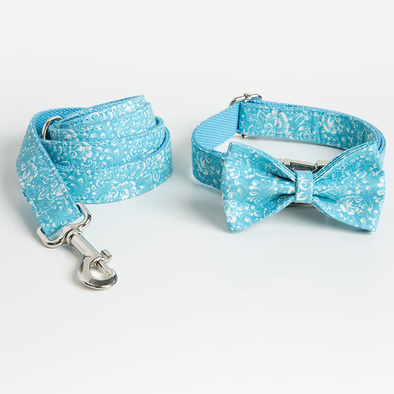 Blue Floral-Patterned Bowtie, Dog Collar, and Leash Set | Available in 5 Sizes