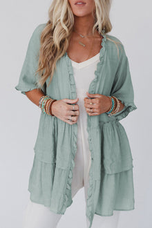  Green Ruffled Trim Short Sleeve Open Front Kimono | Available in Other Colors