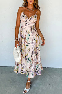  Apricot Tropical Print Spaghetti Straps Dress