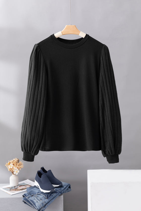 Black Contrast Ribbed Bishop Sleeve Top | Available in 3 Colors