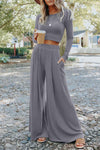 Black Plain Ribbed Crop Top & Wide Leg Pants Two Piece Pants Set | 3 Colors Available