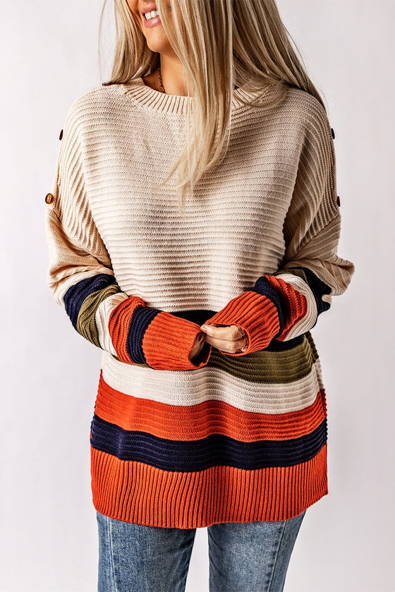 Colorblock Striped Button Drop Shoulder Pullover Sweater | Available