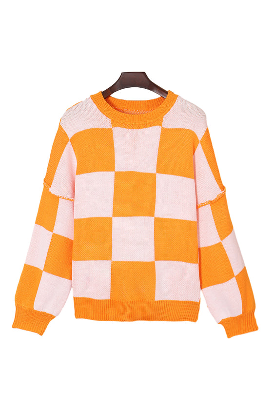 Pink Plaid Bishop Sleeve Pullover Sweater | Available in 3 Colors